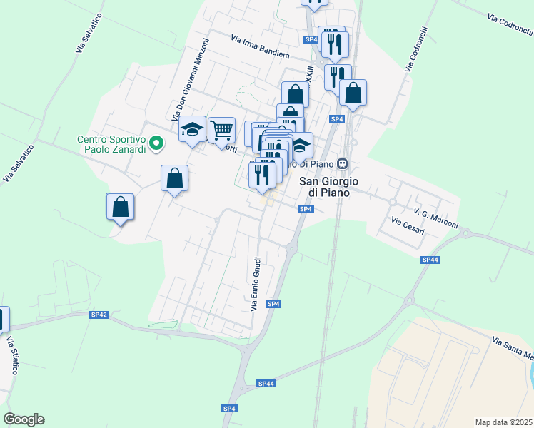 map of restaurants, bars, coffee shops, grocery stores, and more near 16 Via G. Matteotti in San Giorgio di Piano