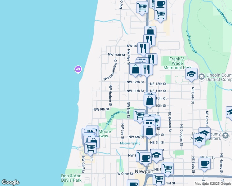 map of restaurants, bars, coffee shops, grocery stores, and more near 421 Northwest 11th Street in Newport