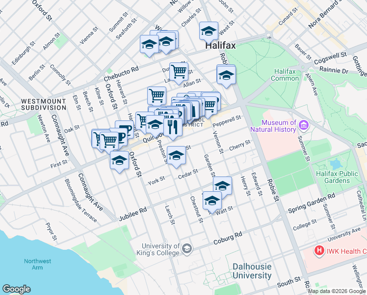 map of restaurants, bars, coffee shops, grocery stores, and more near 6211 Shirley Street in Halifax