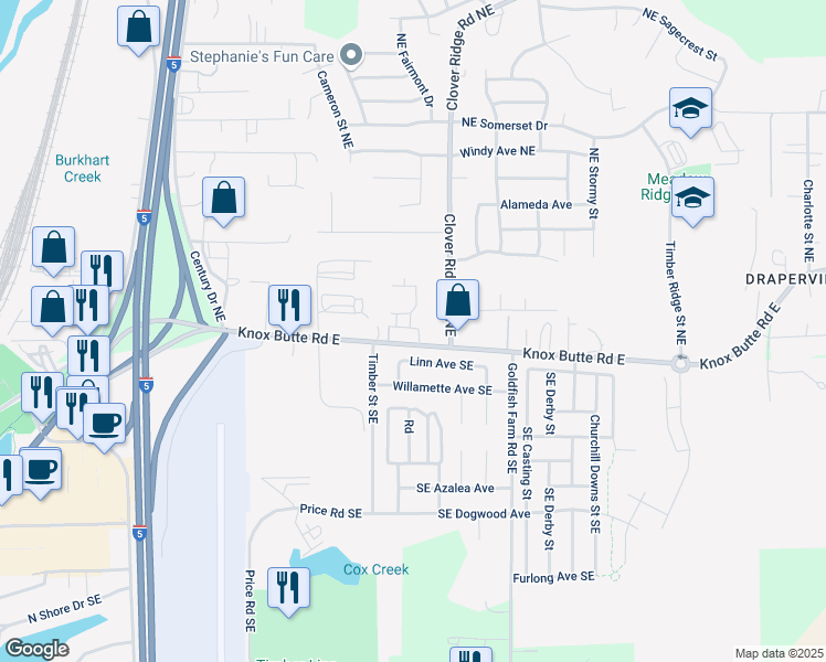 map of restaurants, bars, coffee shops, grocery stores, and more near 3835 Knox Butte Road East in Albany