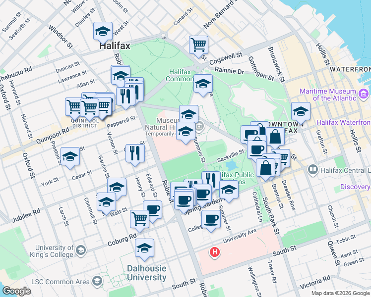 map of restaurants, bars, coffee shops, grocery stores, and more near 5909 Veterans Memorial Lane in Halifax