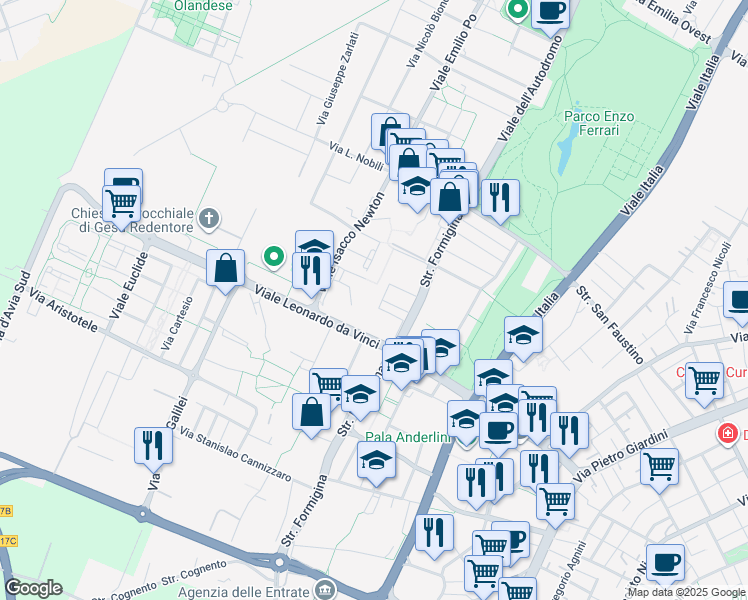 map of restaurants, bars, coffee shops, grocery stores, and more near 64 Via Claudio Galeno in Modena