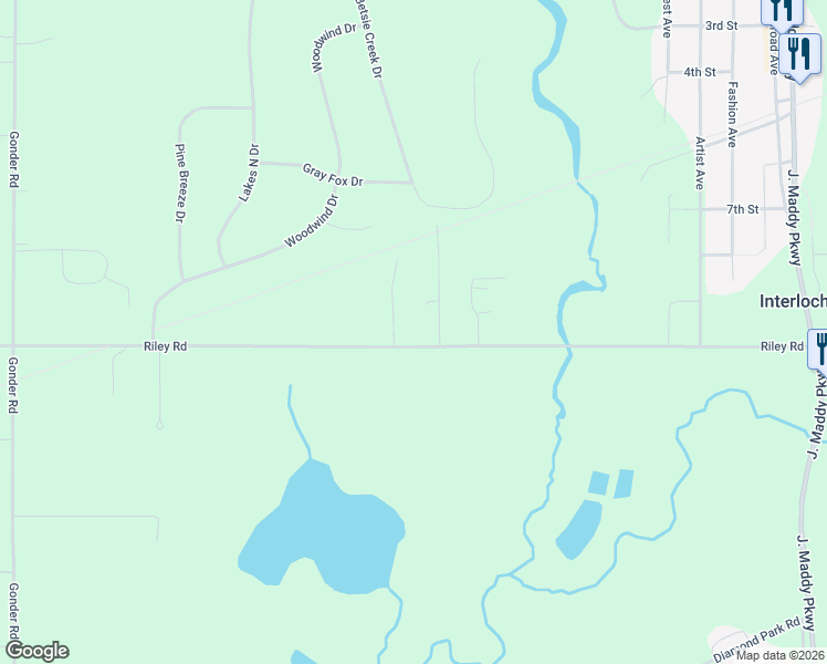 map of restaurants, bars, coffee shops, grocery stores, and more near 10174-10246 Riley Road in Interlochen