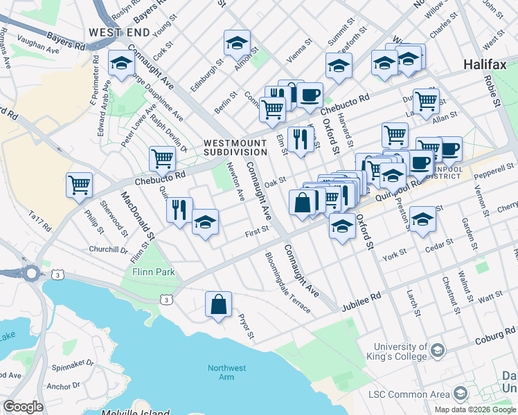map of restaurants, bars, coffee shops, grocery stores, and more near 2202 Connaught Avenue in Halifax