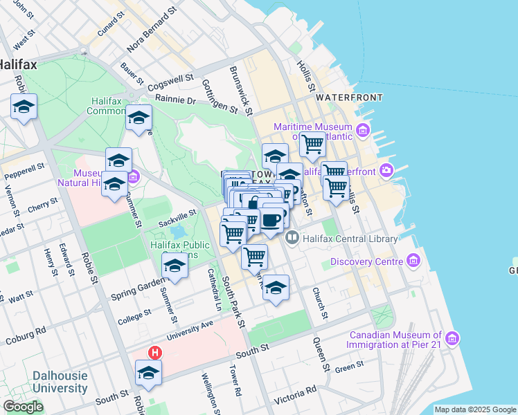 map of restaurants, bars, coffee shops, grocery stores, and more near 5480 Royal Artillery Court in Halifax