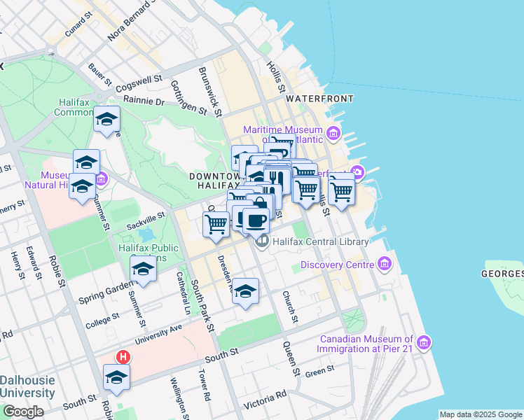 map of restaurants, bars, coffee shops, grocery stores, and more near 1537 Brunswick Street in Halifax