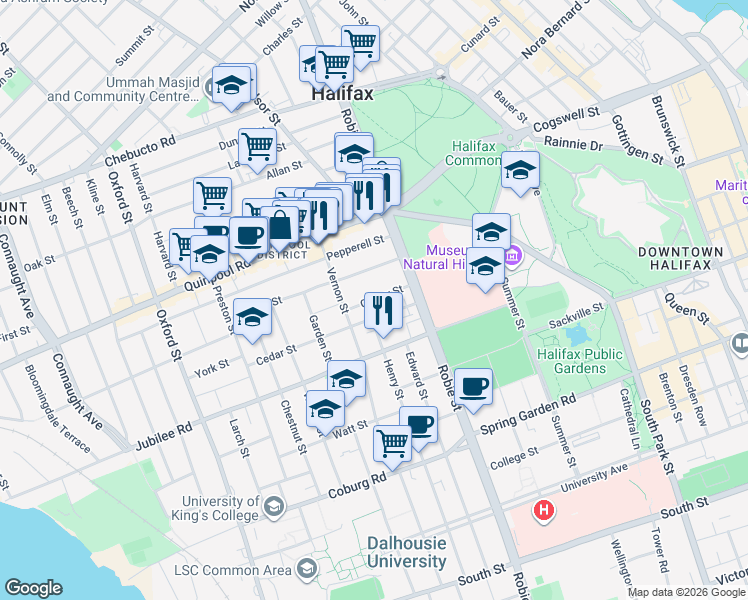map of restaurants, bars, coffee shops, grocery stores, and more near Cherry Street in Halifax