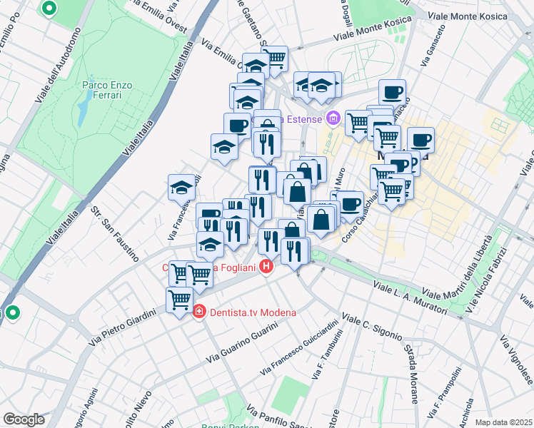 map of restaurants, bars, coffee shops, grocery stores, and more near 42 Via Fulvio Testi in Modena