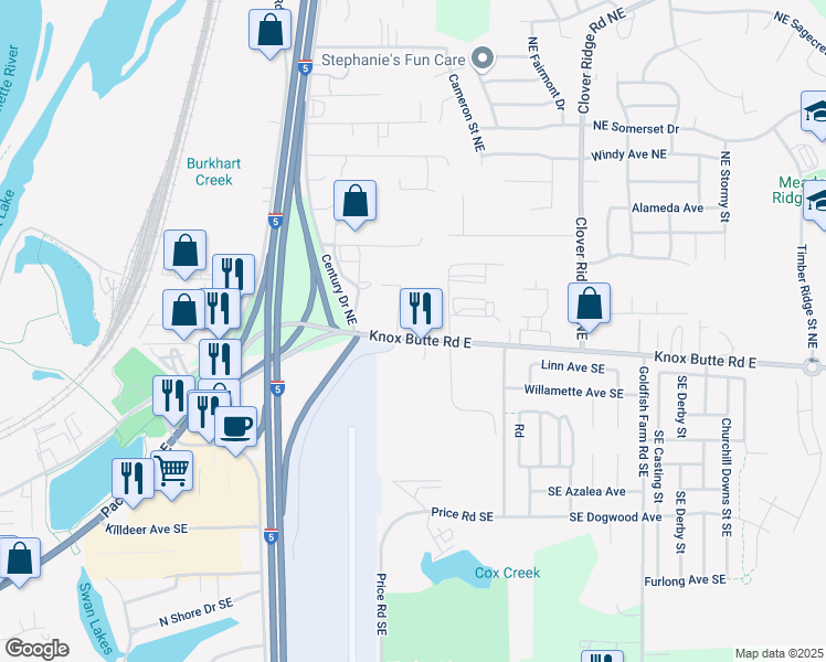map of restaurants, bars, coffee shops, grocery stores, and more near 3615 Knox Butte Road East in Albany