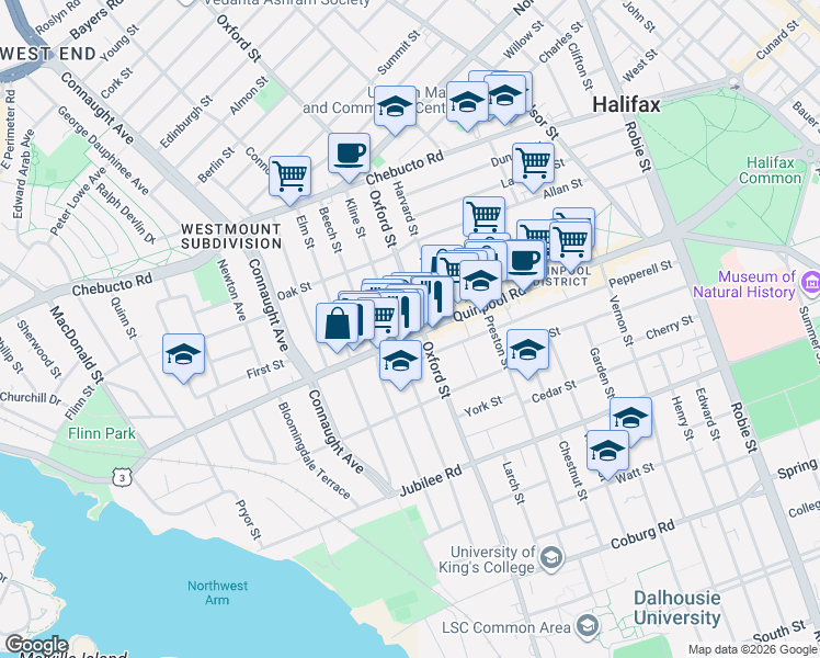 map of restaurants, bars, coffee shops, grocery stores, and more near 6415 Quinpool Road in Halifax