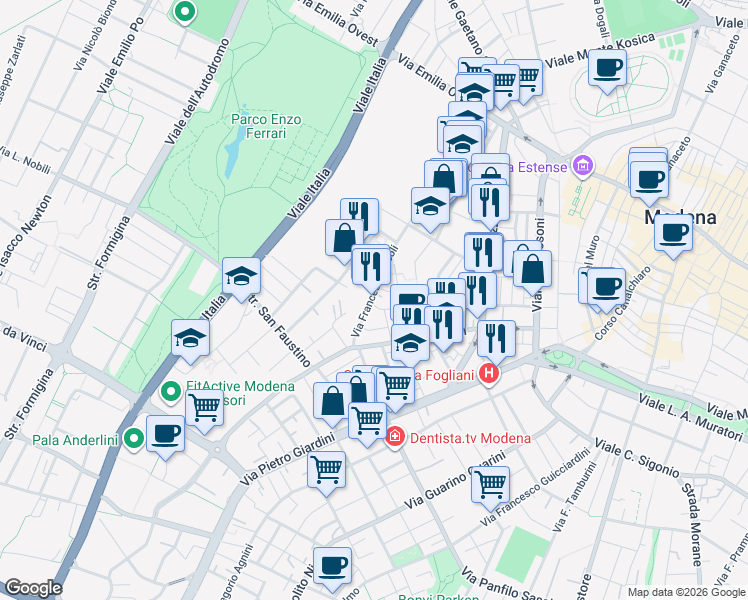 map of restaurants, bars, coffee shops, grocery stores, and more near 52 Via Samuele Morse in Modena
