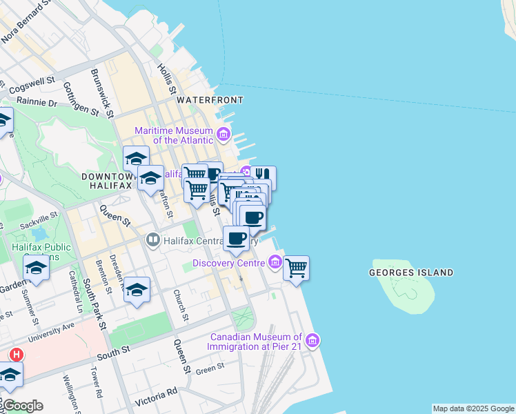 map of restaurants, bars, coffee shops, grocery stores, and more near 1479 Lower Water Street in Halifax