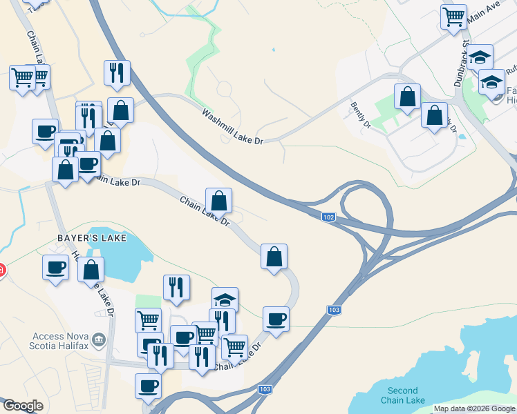 map of restaurants, bars, coffee shops, grocery stores, and more near 68 Lovett Lake Court in Halifax