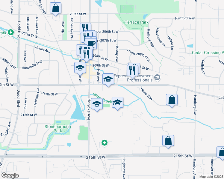 map of restaurants, bars, coffee shops, grocery stores, and more near 8610 210th Street West in Lakeville