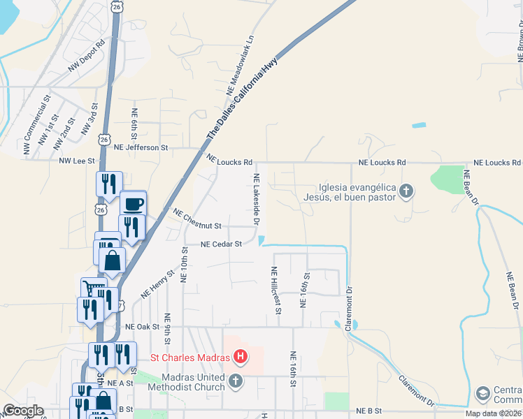 map of restaurants, bars, coffee shops, grocery stores, and more near 705 Northeast Lakeside Drive in Madras