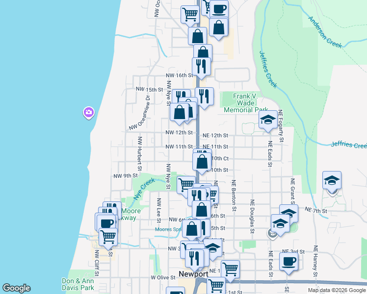 map of restaurants, bars, coffee shops, grocery stores, and more near 899 Northwest Grove Street in Newport