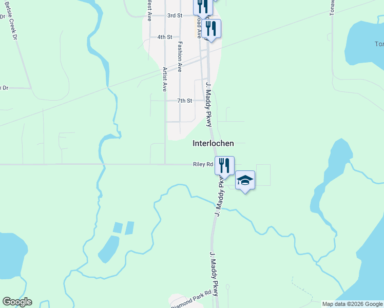 map of restaurants, bars, coffee shops, grocery stores, and more near 9587-9635 Riley Road in Interlochen