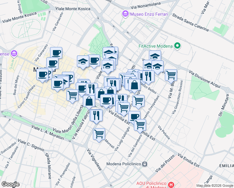 map of restaurants, bars, coffee shops, grocery stores, and more near 70 Viale Ciro Menotti in Modena