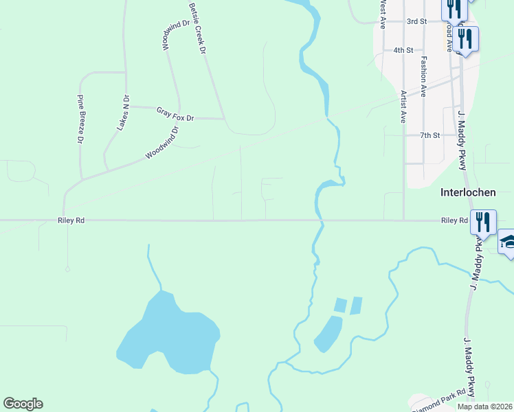 map of restaurants, bars, coffee shops, grocery stores, and more near 10174 Riley Road in Interlochen
