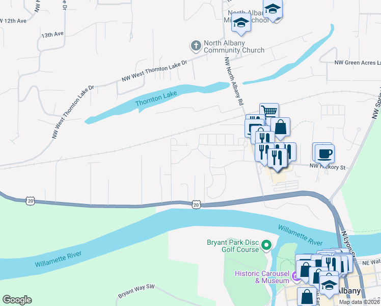 map of restaurants, bars, coffee shops, grocery stores, and more near 750 Northwest Teak Loop in Albany