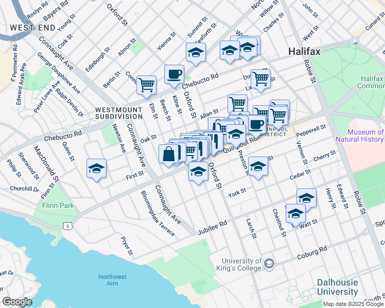 map of restaurants, bars, coffee shops, grocery stores, and more near 2026 Kline Street in Halifax