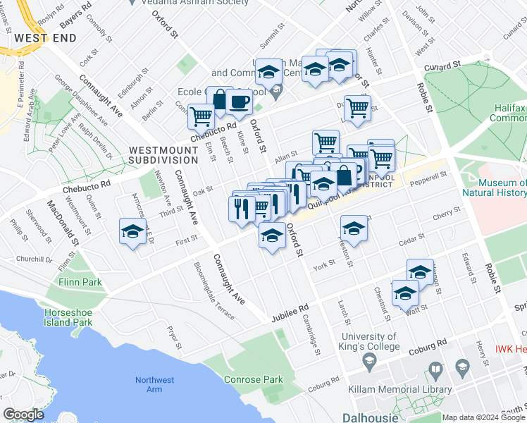 map of restaurants, bars, coffee shops, grocery stores, and more near 2026 Kline Street in Halifax
