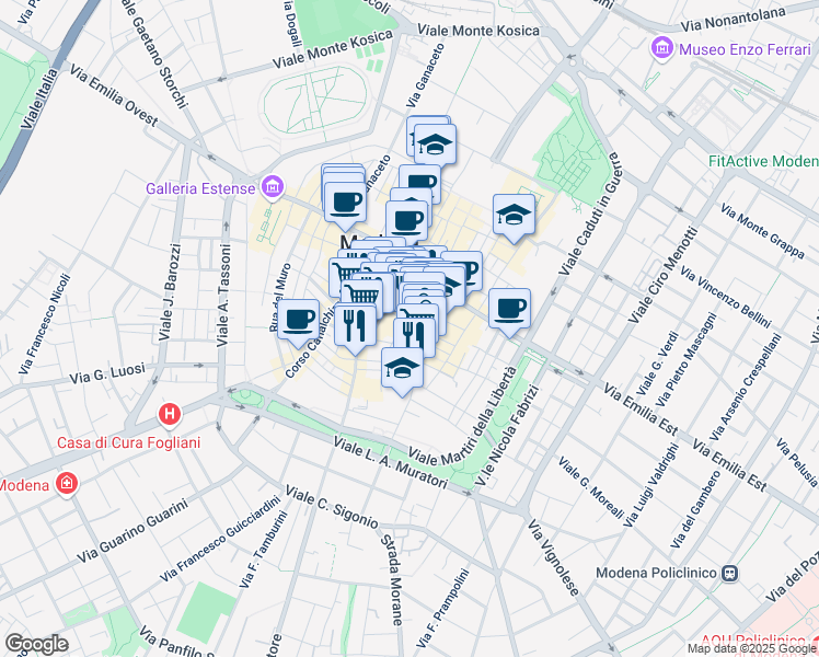 map of restaurants, bars, coffee shops, grocery stores, and more near 5 Via Mondatora in Modena