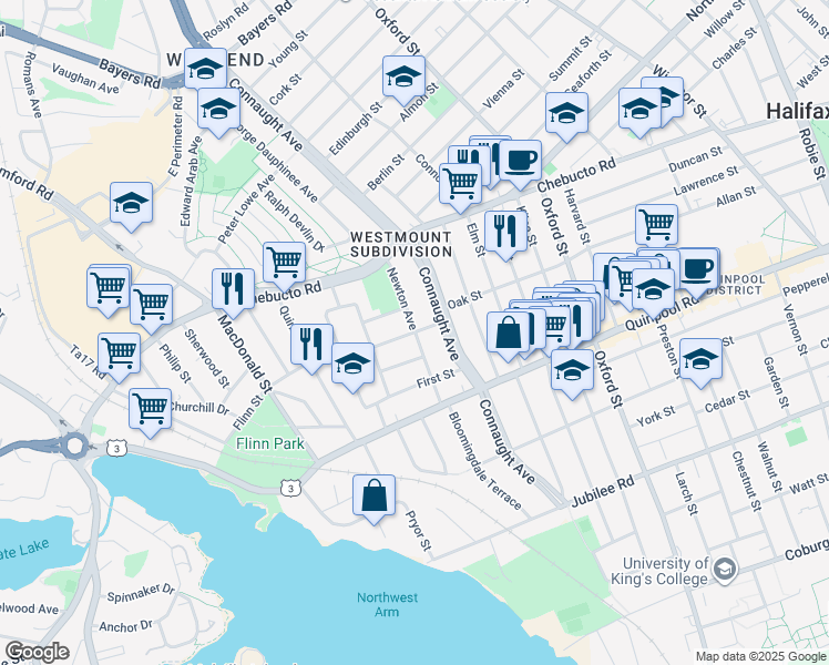 map of restaurants, bars, coffee shops, grocery stores, and more near Newton Avenue in Halifax