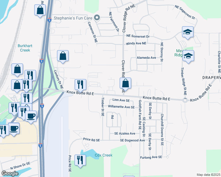 map of restaurants, bars, coffee shops, grocery stores, and more near 3835 Knox Butte Road East in Albany