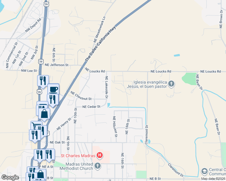 map of restaurants, bars, coffee shops, grocery stores, and more near 705 Northeast Lakeside Drive in Madras
