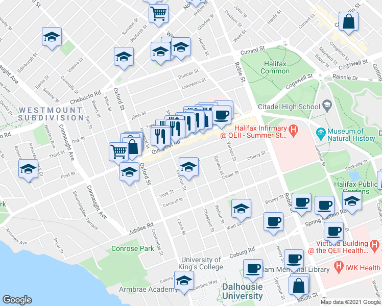 map of restaurants, bars, coffee shops, grocery stores, and more near 6220 Pepperell Street in Halifax