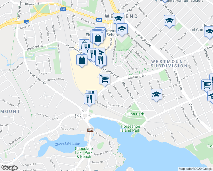 map of restaurants, bars, coffee shops, grocery stores, and more near 6983 Chebucto Road in Halifax