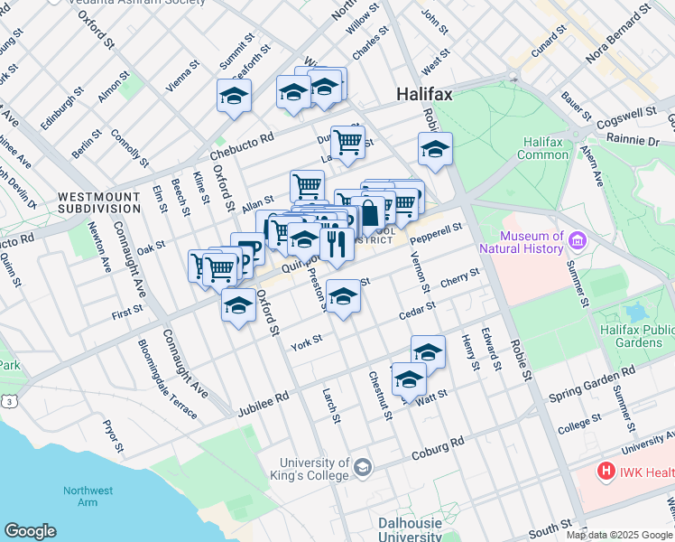 map of restaurants, bars, coffee shops, grocery stores, and more near Pepperell Street in Halifax