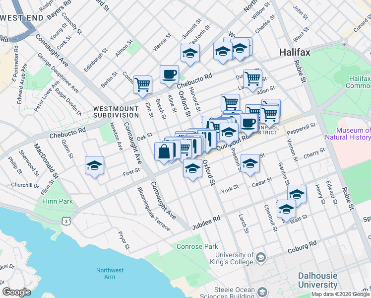 map of restaurants, bars, coffee shops, grocery stores, and more near 2036 Kline Street in Halifax