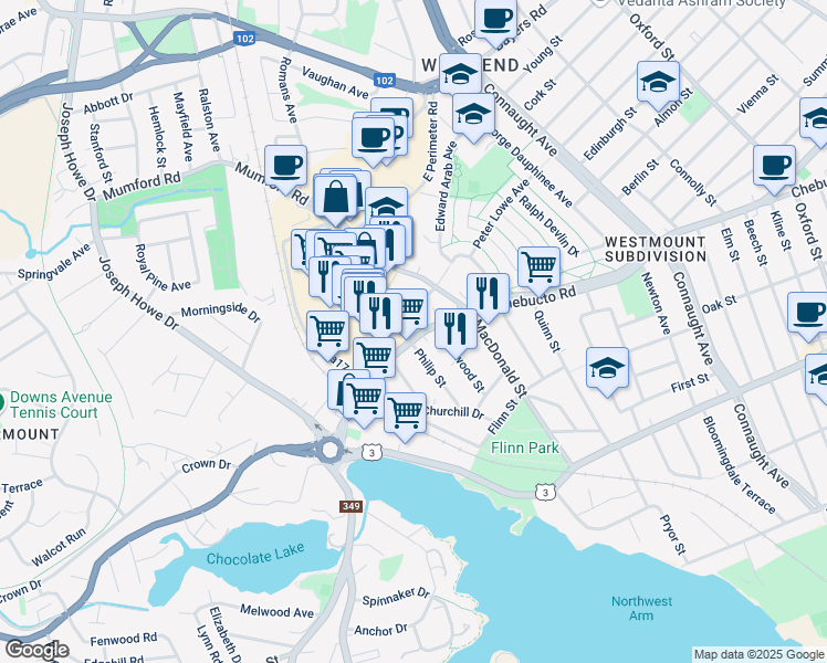 map of restaurants, bars, coffee shops, grocery stores, and more near 6983 Chebucto Road in Halifax