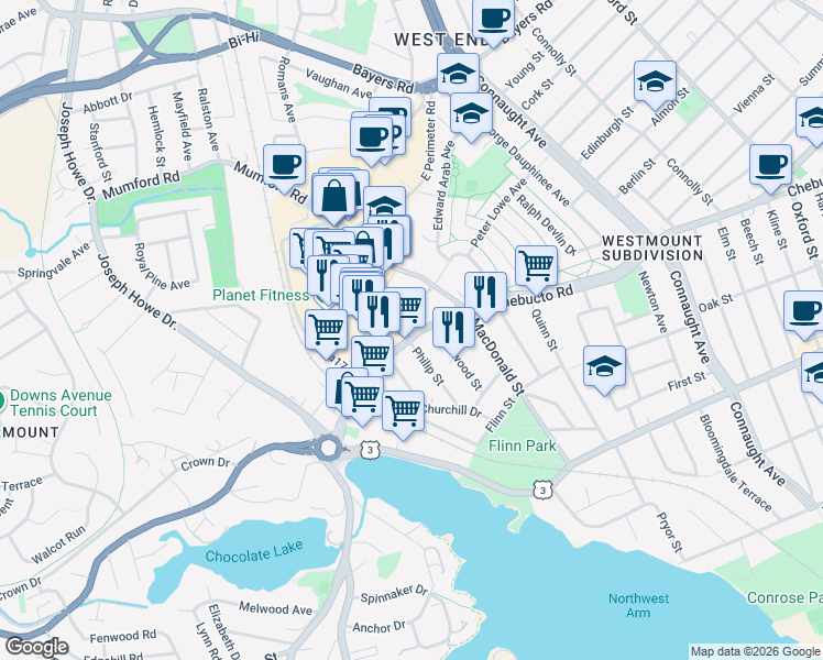 map of restaurants, bars, coffee shops, grocery stores, and more near 2581 Philip Street in Halifax