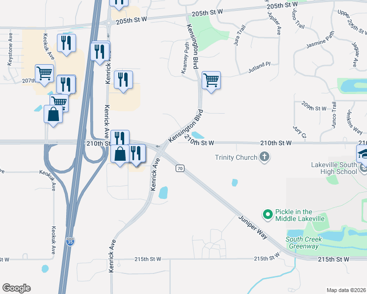 map of restaurants, bars, coffee shops, grocery stores, and more near Kenrick Avenue in Lakeville