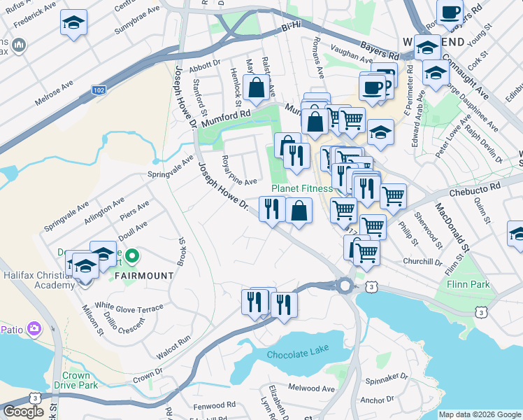 map of restaurants, bars, coffee shops, grocery stores, and more near 2835 Joseph Howe Drive in Halifax