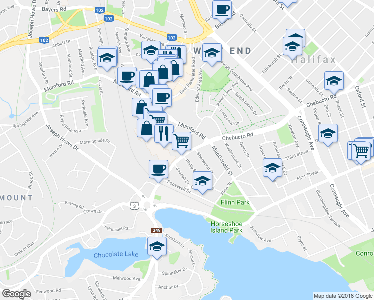 map of restaurants, bars, coffee shops, grocery stores, and more near 6975 Chebucto Road in Halifax