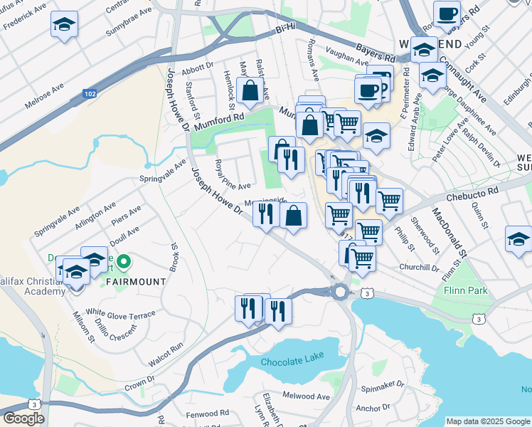 map of restaurants, bars, coffee shops, grocery stores, and more near 2830 Melton Avenue in Halifax