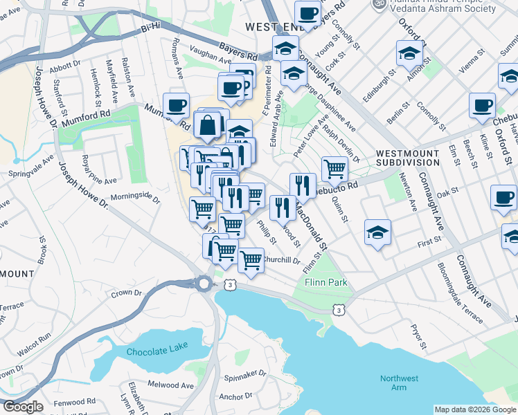 map of restaurants, bars, coffee shops, grocery stores, and more near 6975 Chebucto Road in Halifax
