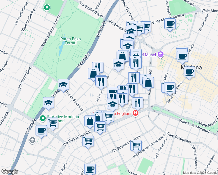 map of restaurants, bars, coffee shops, grocery stores, and more near 52 Via Samuele Morse in Modena