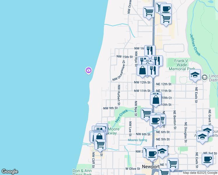 map of restaurants, bars, coffee shops, grocery stores, and more near 1125 Northwest Spring Street in Newport