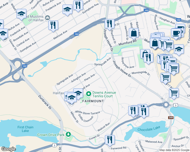 map of restaurants, bars, coffee shops, grocery stores, and more near 4 Piers Avenue in Halifax
