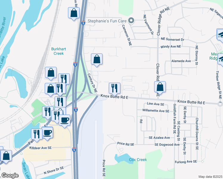 map of restaurants, bars, coffee shops, grocery stores, and more near 3615 Knox Butte Road East in Albany