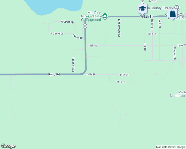 map of restaurants, bars, coffee shops, grocery stores, and more near Mountain Drive in Mio