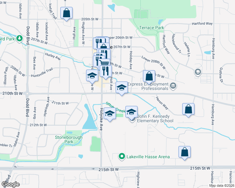 map of restaurants, bars, coffee shops, grocery stores, and more near 21220 Holyoke Avenue in Lakeville