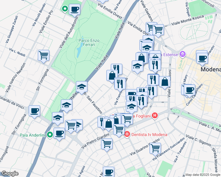 map of restaurants, bars, coffee shops, grocery stores, and more near 152 Via Francesco Nicoli in Modena