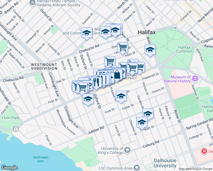 map of restaurants, bars, coffee shops, grocery stores, and more near 6293 Quinpool Road in Halifax