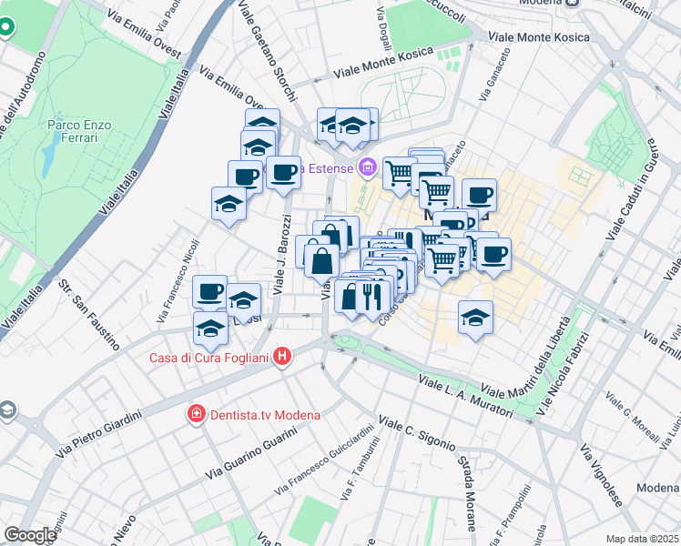 map of restaurants, bars, coffee shops, grocery stores, and more near 72 Viale Vittorio Veneto in Modena